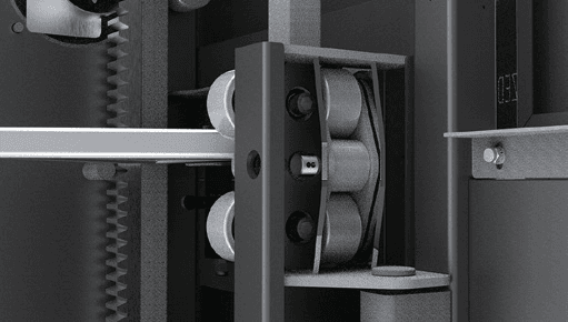 Transport platform guide rollers and rack gear